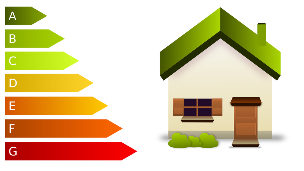 Energiesparendes grünes Haus neben einer Energieskala
